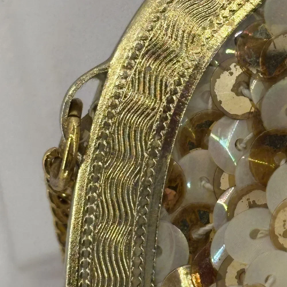Vintage 1950s Sequin Evening Bag Gold-Iridescent White Metal‎ Frame Purse